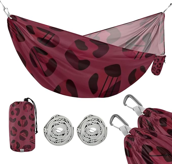 Wine Leopard Outdoor Hammocks with Tree Straps Fabric Hammock for Camping & Hiking Essential
