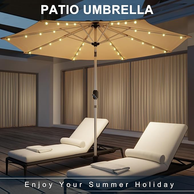10FT 40-LED Solar Lighted Aluminum Patio Umbrella, Fade-Resistant Outdoor Market Table Umbrella with Push Button Tilt Function, 8 Sturdy All-Aluminum Ribs for Gardens, Decks, Backyards & Pools