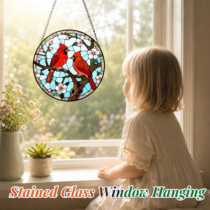 Cardinal Pair Stained Glass Suncatcher Window Hanging Bird Memorial Gift | 6.3in Garden Sun Catcher, Red Cardinals Patio Decor, Gifts for Mom Grandma Bird Lovers & Valentine Day, Christmas Ornaments