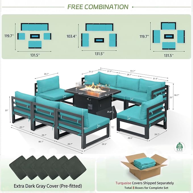 RADIATA 8 Person Modern Aluminum Outdoor Patio Furniture Set with Fireplace, 29 inch Wide Deep Seating, Fade Resistant L-Shaped Sectional Couch, Plus Size Conversation Set for Backyard Terrace, Teal
