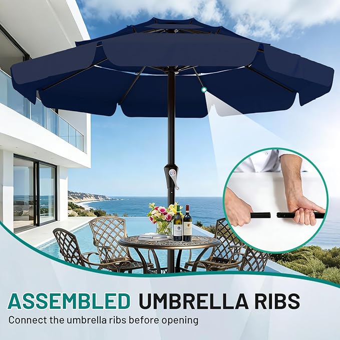 AreShark 11FT 3-Tiers Patio Umbrella with Valance, Outdoor with Crank, Large Outdoor Market Umbrellas Vented with 8 Sturdy Ribs, Patio Table Umbrellas for Garden, Deck, Backyard, Pool, Navy