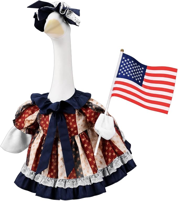 Outus Retro 4th of July Porch Goose Outfit Includes Independence Day Dresses Clothes Hat and American Flag 23 Inch Patriotic Goose Porch Clothing for 250th Anniversary Garden Yard Decoration