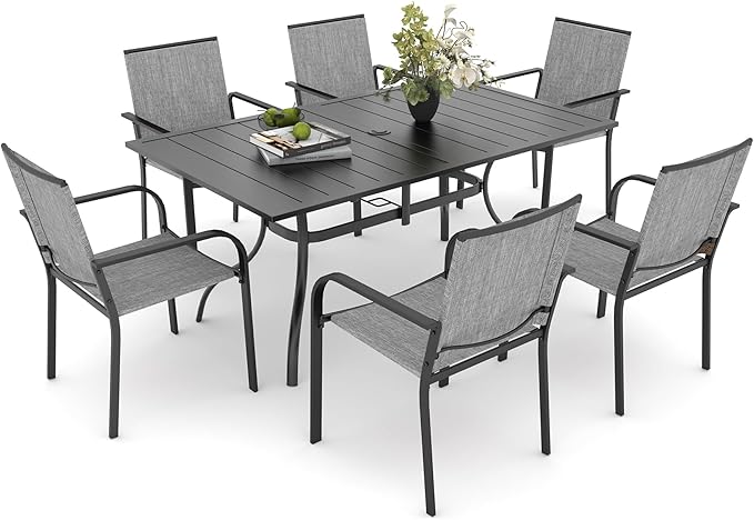 Anmutig 7-Piece Outdoor Dining Set, Powder Coated Steel Table with 6 Stackable Chairs and Rectangular Table, Grey Fabric