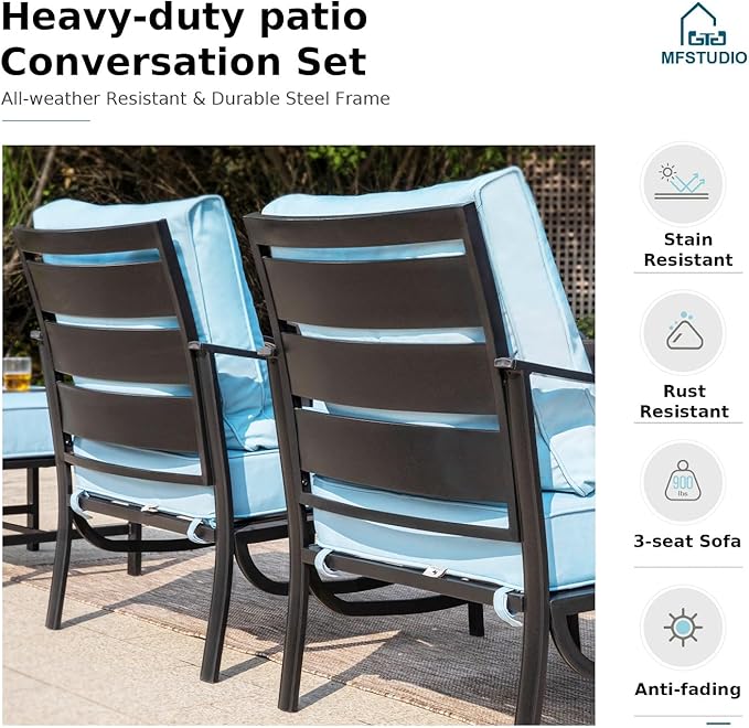 MFSTUDIO 4 Pieces Patio Conversation Sets(5 Seat),Outdoor Metal Furniture Sofas with 1 Loveseat(3 Seat), 2 Single Chairs,1 Coffee Table,Wrought Iron with Blue Cushion for Patio Courtyard Balcony