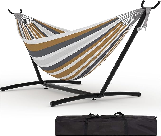Double Hammock with Stand, Hammock Wih Space Saving Steel Stand and Carrying Case, 2 Person, 450 Lb Capacity, for Indoor Outdoor Patio Yard
