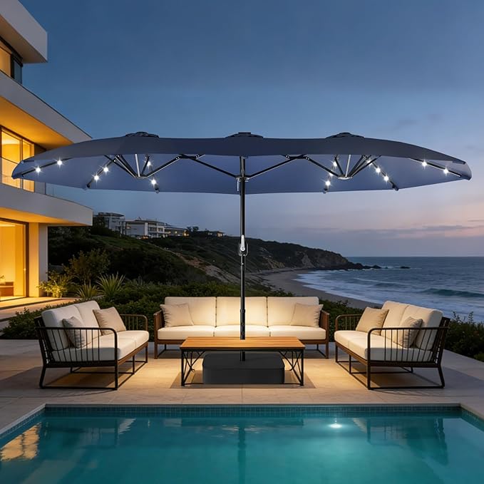 Suteck 15FT Patio Umbrella with Base & Solar Lights Included - Double-Sided Outdoor Large Umbrella with & Crank Handle, UV & Fade Resistant Canopy for Poolside, Backyard, Deck and Market, Dark Blue
