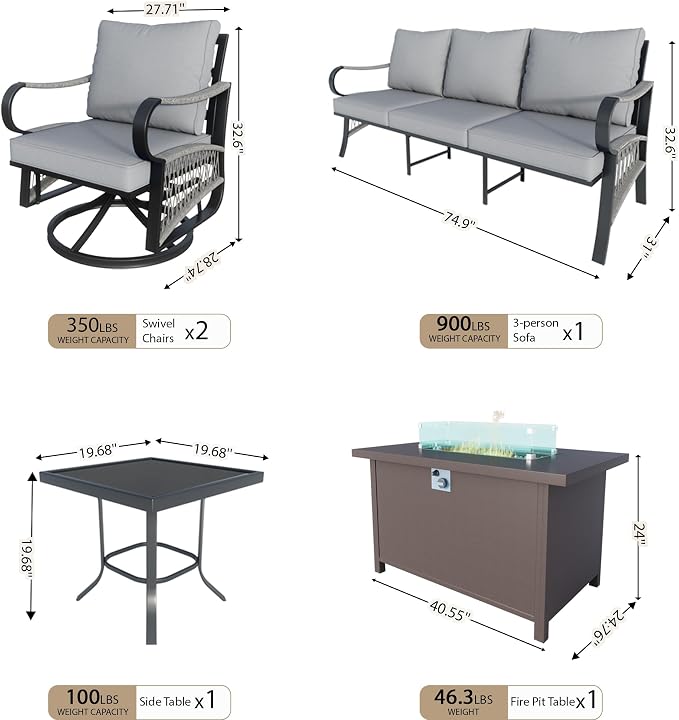 5 Pieces Patio Conversation Sets, All Weather Metal Outdoor Furniture Set 3-Seater 2 Swivel Rockers with Side Table and Fire Pit Table for Backyard Garden Deck Porch Poolside, Gray