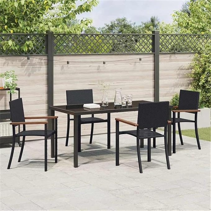 Afuera Living 5 Piece Poly Rattan Garden Dining Set, Black Finish, Powder-Coated Steel Frame with Acacia Wood Armrests, UV Resistant, Includes Seating for 4, Modern Outdoor Patio or Garden Furniture