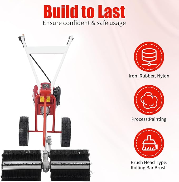 4-Stroke Gas Powered Hand Push Sweeper, Strong Power Lawn Sweeper Machine with 23in Long High-Density Brush, Artificial Grass Brush Gasoline Powered Broom for Lawn, Driveway, Snow