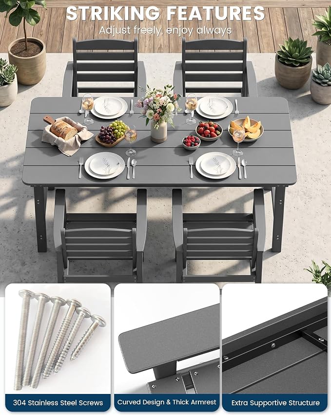 FOOWIN Outdoor Table and Chairs Set 5-Piece HDPE All Weather Patio Dining Set with Umbrella Hole,Outdoor Patio Furniture Dining Set for 4,Patio Kitchen Table Set for Garden,Backyard,Poolside Grey