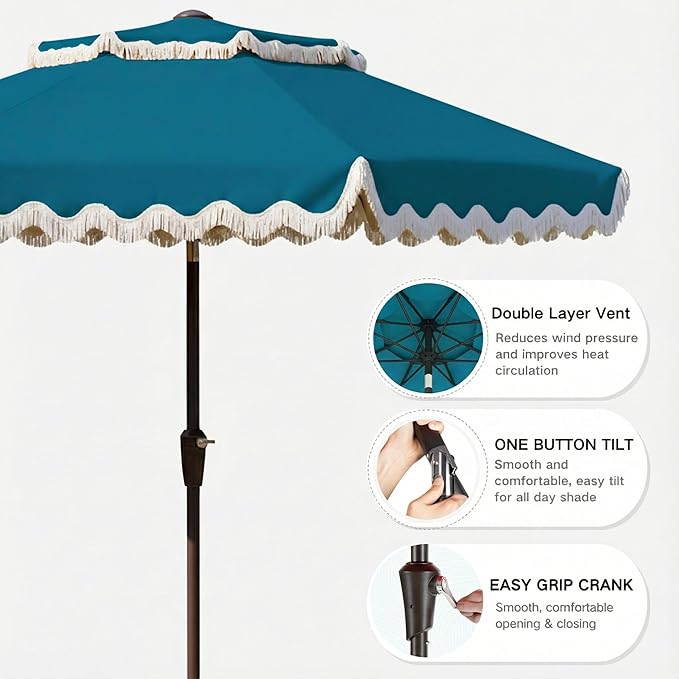 9FT Patio Umbrella with Fringe,Tassel Umbrella with Push-Button Tilt | UPF 50+ & Rust-Resistant Fiberglass Frame for Patio, Pool,Garden,Yard(Lake Blue)