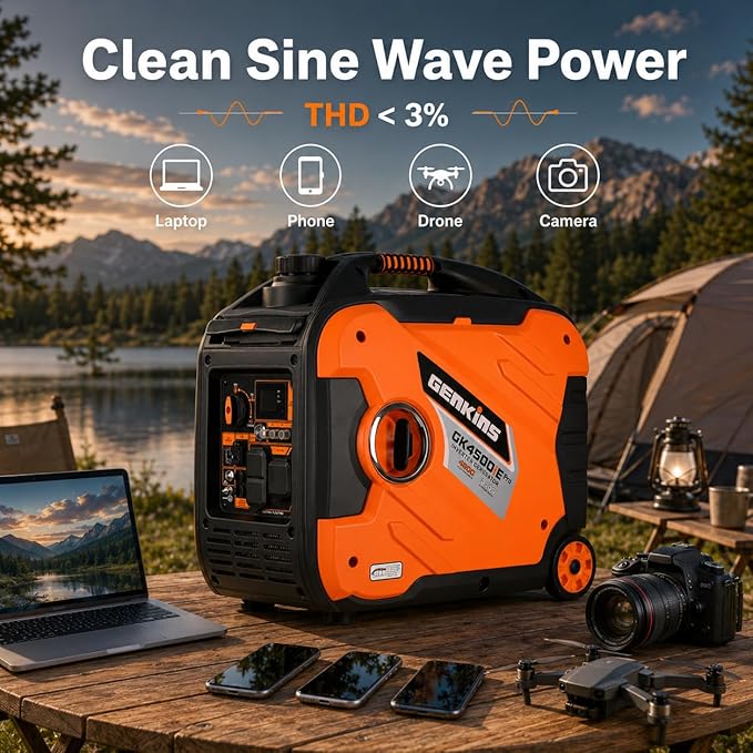 Genkins 4500W Portable Inverter Generator Gas Powered Pure Sine Wave Lightweight Quiet Electric and Remote Start Parallel Capability for Camping RV Home Backup