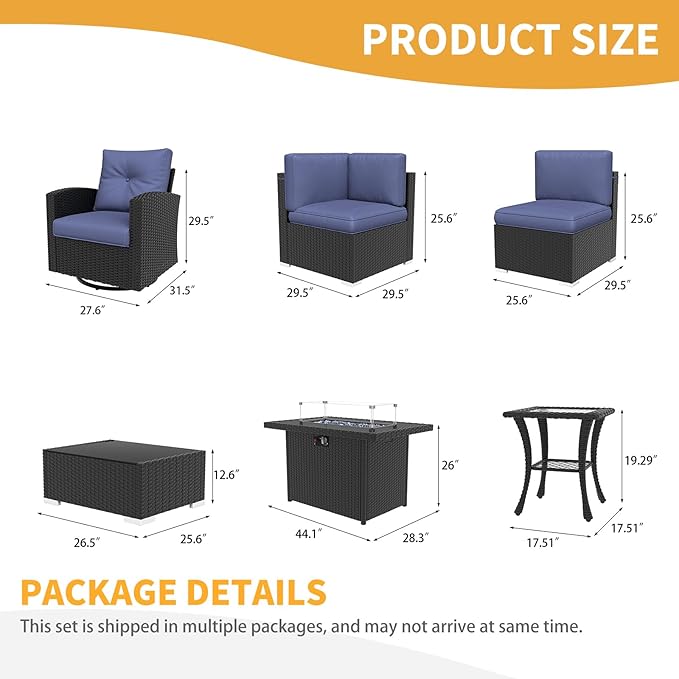 LayinSun 11 Pieces Patio Furniture Set with Fire Pit Table, Black Rattan Modular Sectional Outdoor Conversation Sofa Set, Swivel Rocking Chairs Set
