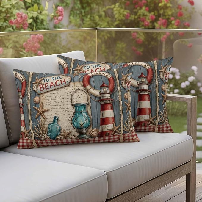Outdoor Pillow Covers Set of 2, Vintage Nautical Lighthouse on Wooden Decorative Throw Pillow Covers 20X12IN, to The Beach Quote Throw Pillows Protector Cushion Case for Patio,Couch,Sofa,Garden