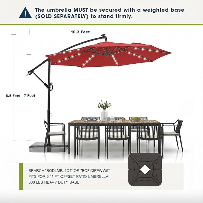 wikiwiki 10ft Solar LED Offset Patio Umbrella, Outdoor Cantilever Patio Umbrellas with Solor Lights for Backyard, Poolside and Garden, Easy Tilt Adjustment, 32 LED Lights & Polyester Shade, Red