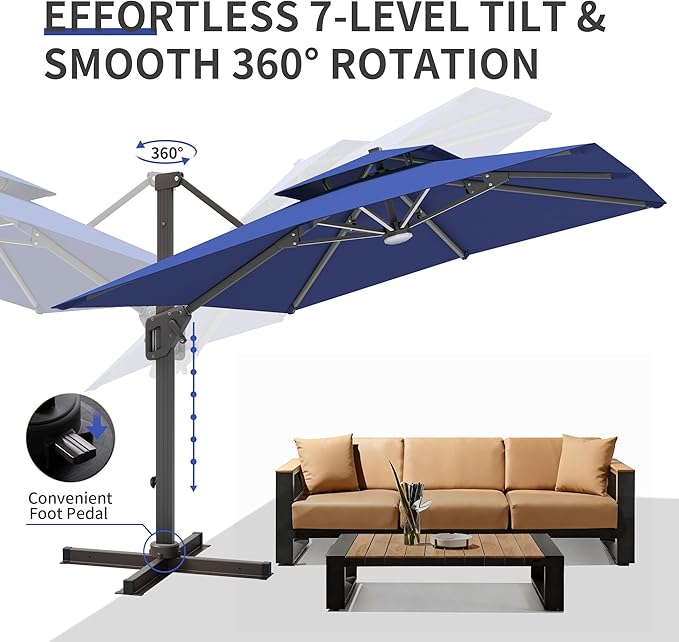 10 X 13 FT Cantilever Patio Umbrella with Led Lights Outdoor Rectangle Offset Large Double Top Heavy Duty Umbrellas with 360°Rotation for Pool Deck Backyard Garden, Navy