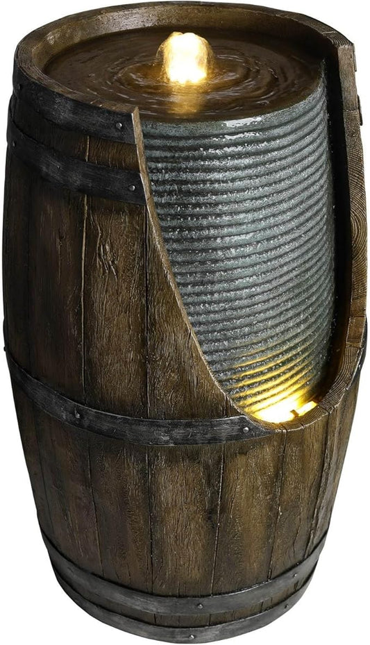 Outdoor Water Fountain with LED Lights, 24.8" Rustic Wooden Barrel Style Waterfall Fountain, Weather Resistant Resin Garden Fountain with Soothing Sound for Patio Yard Porch, Grayish Green
