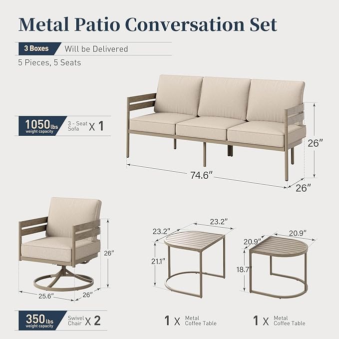Metal Frame Patio Furniture Set, Wood-Like Modern Outdoor Patio Furniture Set with Cushion, Patio Seating Set with Swivel Chairs, Patio Conversation Set for Backyard Deck