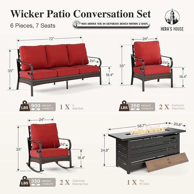 HERA'S HOUSE 6 Piece Metal Patio Furniture Set with 56" Fire Pit Table, All Weather Outdoor Conversation Set, 3 Seat Sofa, 2 Rocking Chairs, 2 Fixed Chairs, Seats 7 for Backyard, Garden, Deck, Red