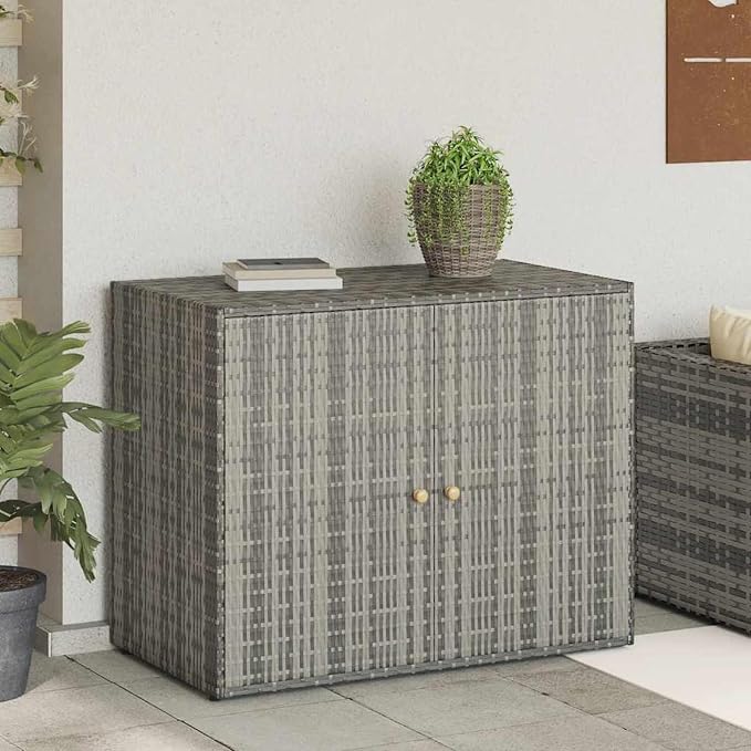 Gecheer Garden Storage Cabinet, Weatherproof Spacious Rattan Deck Box with Poly Rattan and Steel Frame for Outdoor Balcony Terrace