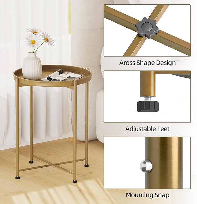 Garden 4 you Small Side Table, Gold Mini Round End Table, Tray Table with Metal Frame, Modern Nightstand for Living Room, Bedroom, Patio, Small Space, 1PCS