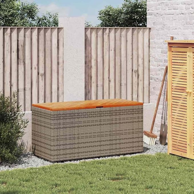 Garden Storage Box, PE Rattan and Acacia Wood Deck Box for Patio and Backyard, Rectangular Storage Bench with Seating, 43.3 x 19.7 x 21.3 in, Grey and Brown