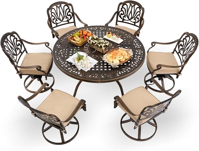 7-Pcs Cast Aluminum Patio Dining Set with 6 Swivel Chairs,Bronze | Outdoor Furniture Set Include 54" Round Dining Table and 6 Swivel Chairs with Cushions & Umbrella Hole