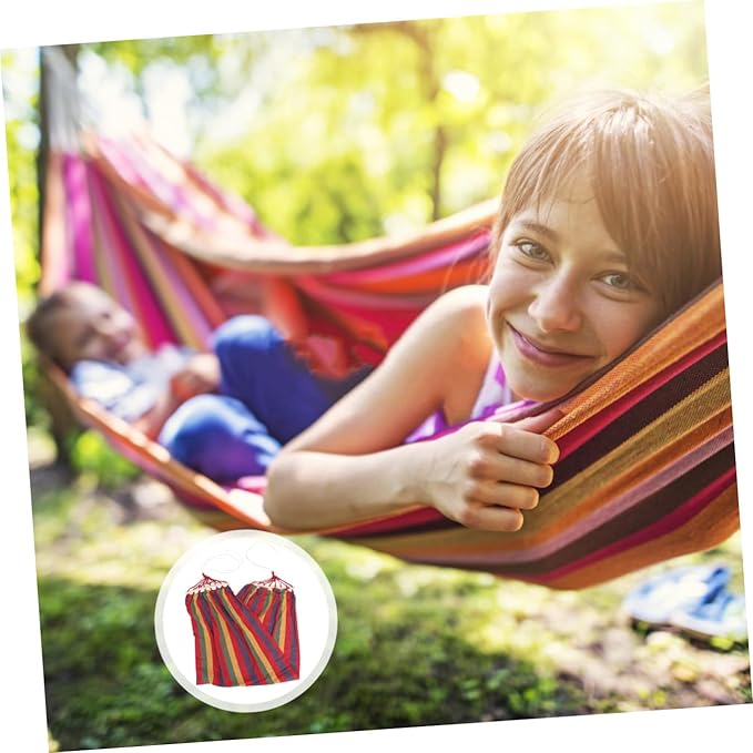 Kisangel Single Person Rainbow Striped Hammock with Anti-tip Design, Widened Canvas Cotton Outdoor Swing for Camping and Travel, Leisure Patio and Garden Hanging Hammock