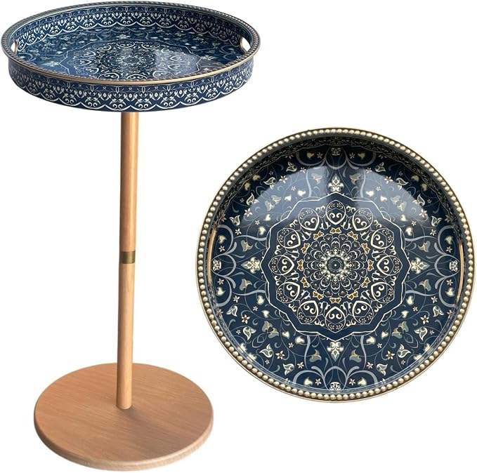 Gesodant Boho Single Leg Round Side Table with Tray Top, Pedestal Drink Table for Small Spaces, Aesthetic Accent Nightstand for Living Room, Bedroom, Corners, and Office (Yellow Leg Blue Maze)