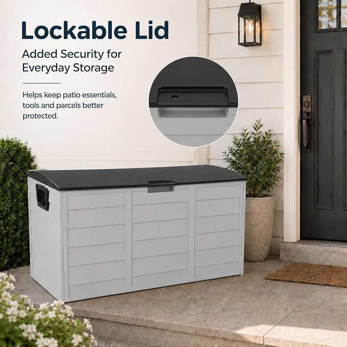 Deck Boxes 75 Gallon Resin Outdoor Storage Box Lockable Plastic Storage Containers with Lid and Wheels Waterproof Organization for Cushions Garden Tools Pool Toys Backyard Balcony Yard Patio Furniture