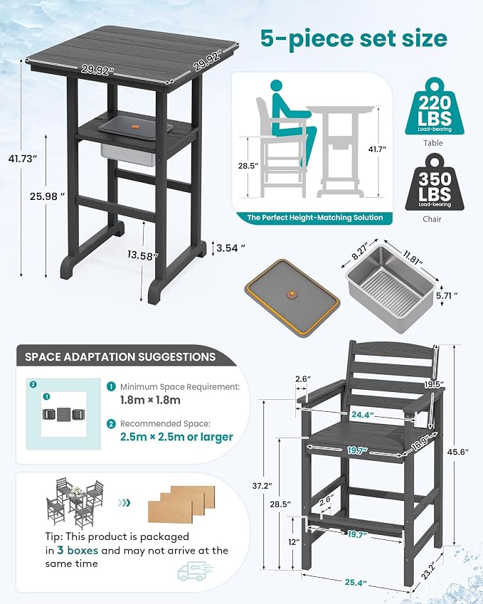SERWALL Adirondack Bar Chairs and Table 5 Pieces Set, HDPE Bar Height Chairs Set of 2 and Bar Table with Ice Bucket, Outdoor Bar Stools Set for Balcony, Poolside, Backyard, Grey