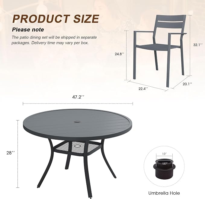 VICLLAX Patio 7 Pieces Outdoor Dining Set, Wrought Iron Metal Outdoor Table and Chairs Set, 47" Round Table with Umbrella Hole and 6 Stackable Chairs for Lawn, Garden, Porch, Dark Grey/Grey