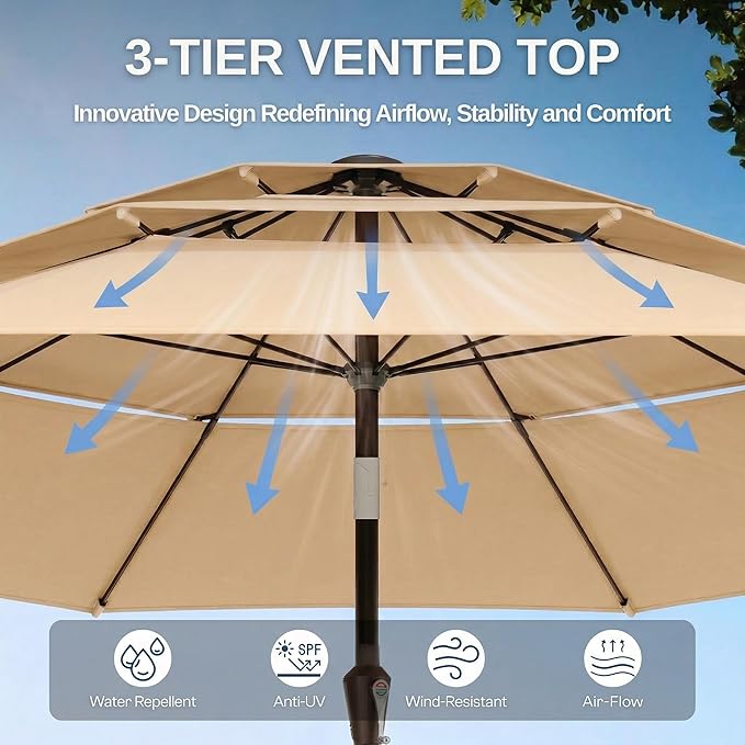 10ft Patio Umbrella, 3 Tier Outdoor Market Table Umbrellas with 8 Fiberglass Ribs and Push Button Tilt, Windproof, Vented Canopy, UV Protection for Deck, Pool, Backyard