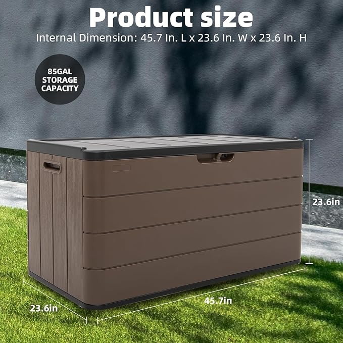 Outdoor Storage Box, 100 Gallon Plus Resin Deck Box Waterproof for Patio Furniture, Garden Tools and Pool Accessories, Lockable UV-Resistant Storage Bin Bench Cabinet for Outside, Brown