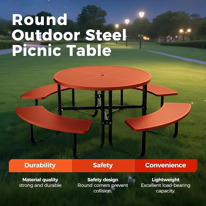 46" Coated Round Metal Picnic Table for 4-8 Person, Durable Heavy Duty Commercial Picnic Table with Umbrella Hole for Outdoor Coffee Shop, School, Easy to Install, Orange