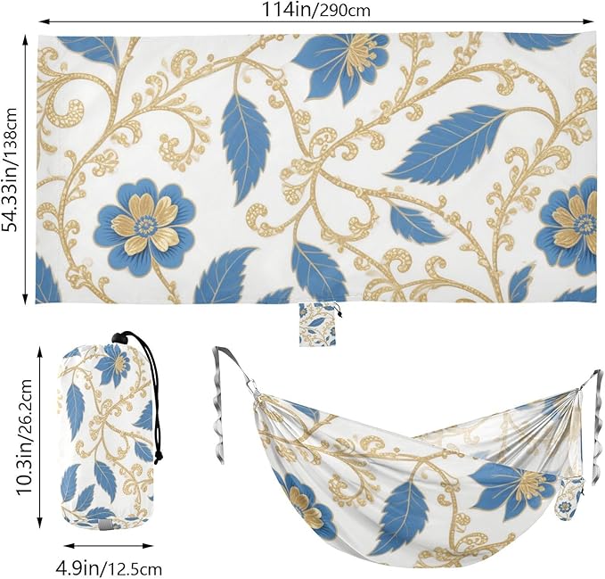 Blue and Golden Flower Leaves 330lb Capacity Hammocks with Portabl Carry Bag Tree Hammock for Camping & Hiking Essential jamaca para Patio
