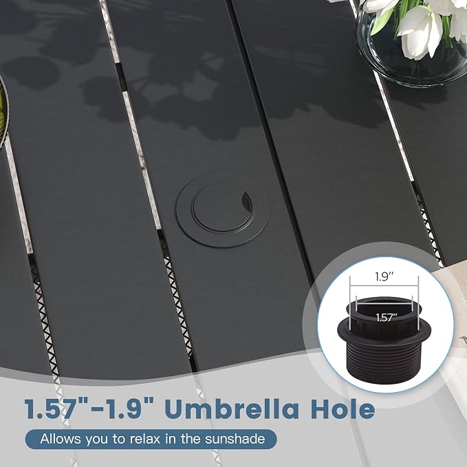 DIFY 7 Piece Outdoor Patio Dining Set for 6, Patio Table and Chairs Set with Umbrella Hole, 59.2" Rectangle Dining Table and Stackable Metal Chairs for Backyard Garden Poolside, Black