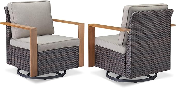 Outdoor Patio Swivel Rocker Chairs - 3 Piece Wicker Patio Furniture Bistro Set with 2 Swivel Rocking Chairs and 1 Metal Side Table,Thick Cushions,Deep Seating for Deck Porch Garden(Brown/Grey)