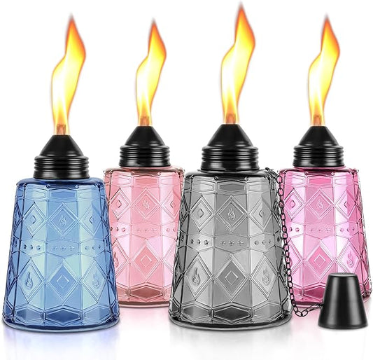 4-Pack Glass Table Top Torches - 12oz Refillable Citronella Torches Canisters for Outdoor, Includes Wick & Cap, Decorative Lanterns for Patio, Garden, Yard, Party, Landscape(Multi-Color)