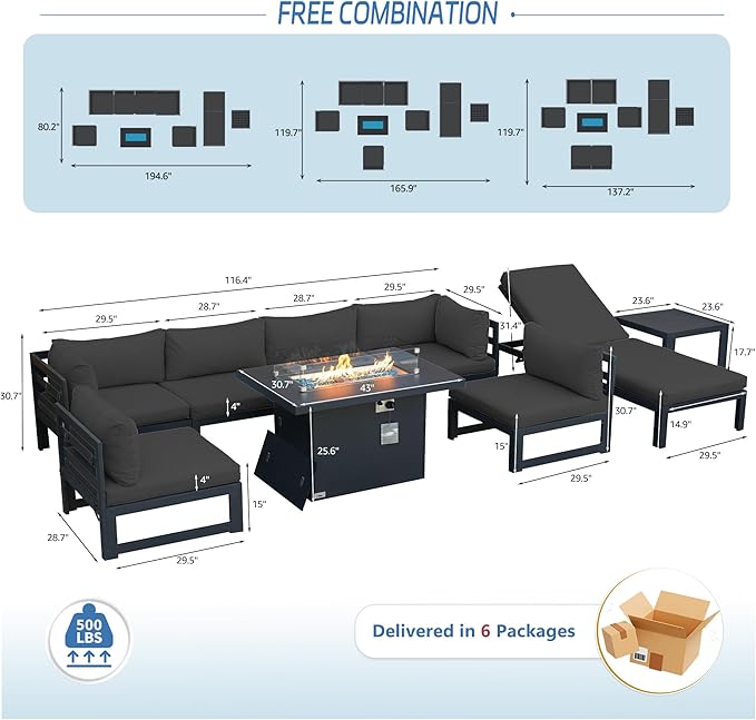 NICESOUL 9 Piece Luxury Aluminum Outdoor Sectional Sofa with Chaise Lounge & Firepit, Large Modular Patio Furniture Set, 29" Deep Wide Seating, 500 lbs Heavy Duty Conversation Set for Deck, Dark Gray