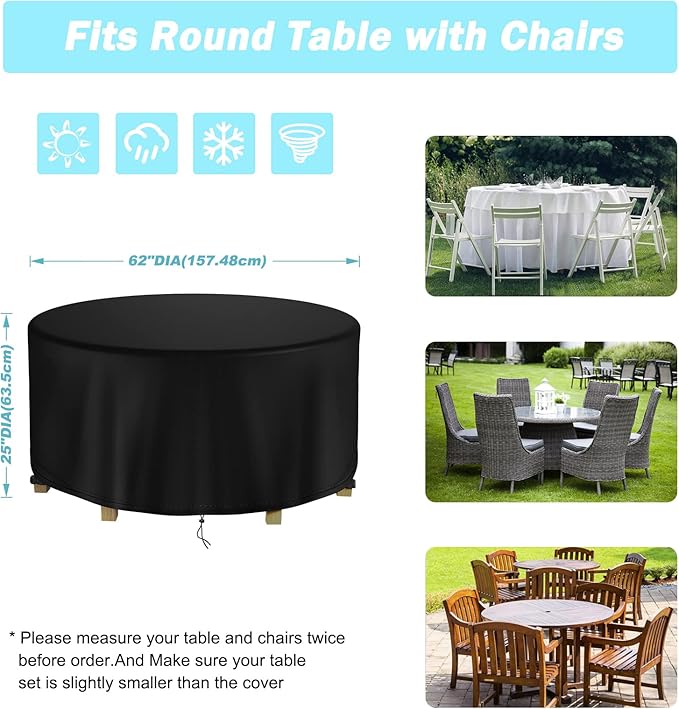 Round Patio Table Cover Waterproof, 62" Diax25" H Heavy Duty Oxford Fabric Outdoor Patio Furniture Cover Patio Table Chair Set Covers for Garden Round Table Dining Set, Black