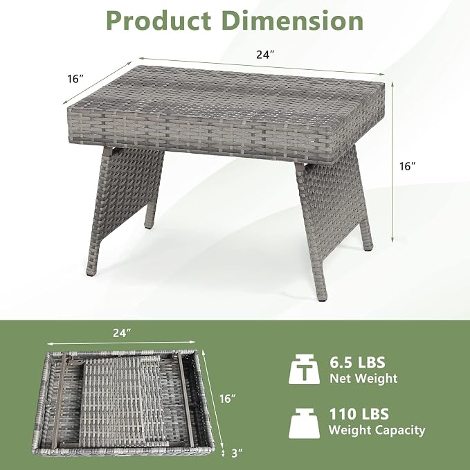 HAPPYGRILL Outdoor Wicker Table Folding Rattan Standing Coffee Side Table for Patio Lawn Bistro Poolside Garden