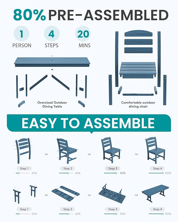 SERWALL 10 Piece Outdoor Dining Set with 15ft Triple-Head Foldable Umbrella(Based not Included), 84" HDPE Outdoor Table and Armless Chairs Set for 8, Blue