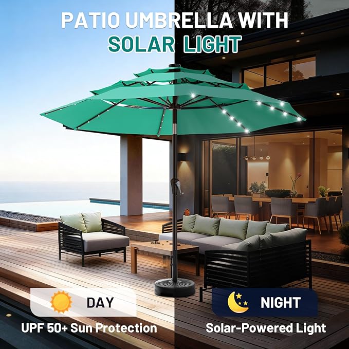 AreShark 9ft 3 Tiers Patio Umbrella with Solar Lights, Outdoor Umbrella w/ 32 LED Lights&8 Sturdy Ribs, Table Umbrella for Deck, Backyard, Pool (Turquoise)