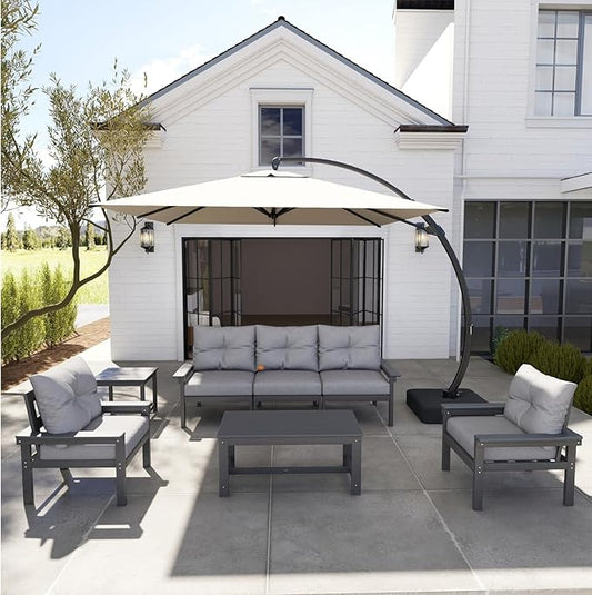 HDPE 7 Piece Patio Furniture Set, All-Weather Outdoor Couch Set with Thick Cushions & Table & Umbrella, Patio Conversation Sets for Lawn, Garden, Porch, Balcony, Deck, Poolside, Grey