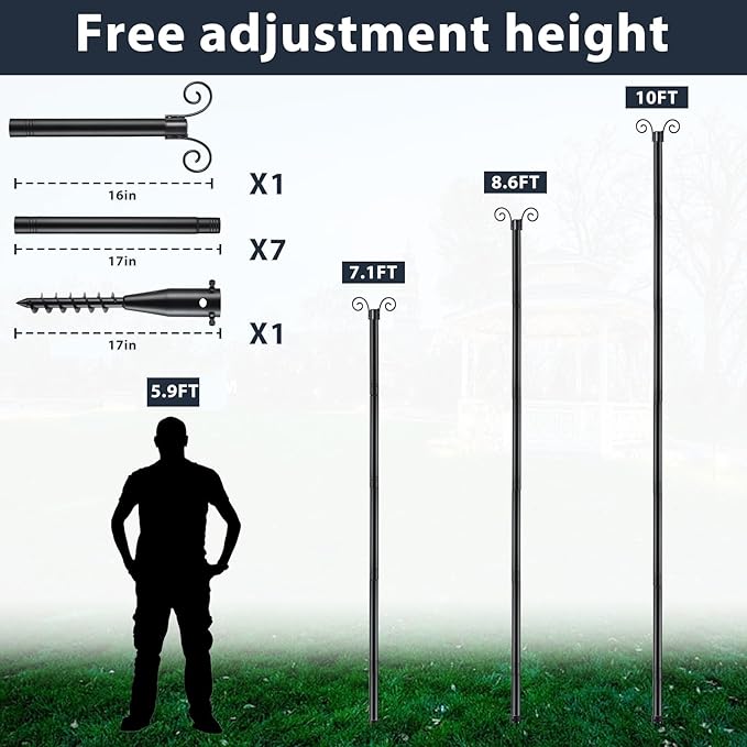 String Light Poles for Outside 10 FT, 2 Pack Outdoor Patio Poles for Hanging String Lights, Heavy Duty Metal Posts with Auger Ground Anchor, 1.5 inch Diameter Adjustable Garden Light Stands for Yard