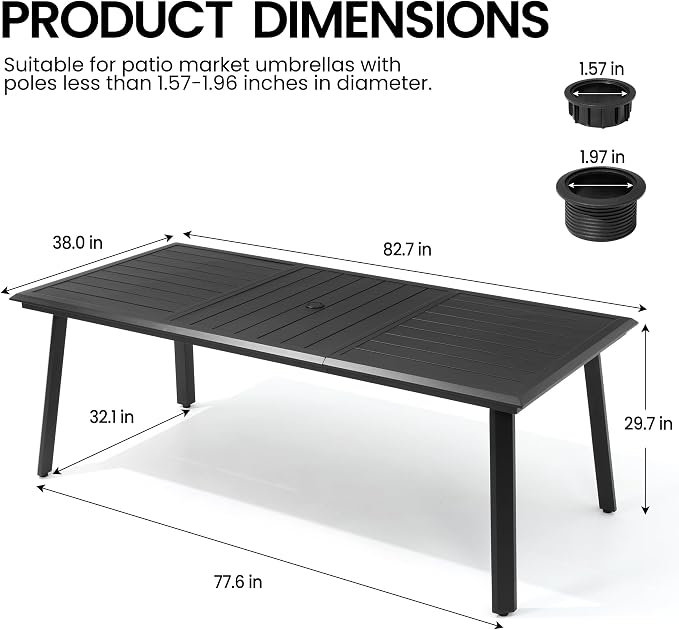 Outdoor Dining Table for 8, 83" Aluminum Patio Table | 1.57-1.97" Adjustable Umbrella Hole Rectangle All Weather Outside Table for Lawn Backyard Garden
