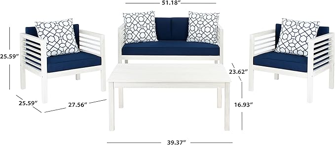 SAFAVIEH Outdoor Collection Alda White/ Navy Cushions/ Geometric Pattern Pillows 4-Piece Conversation Patio Set