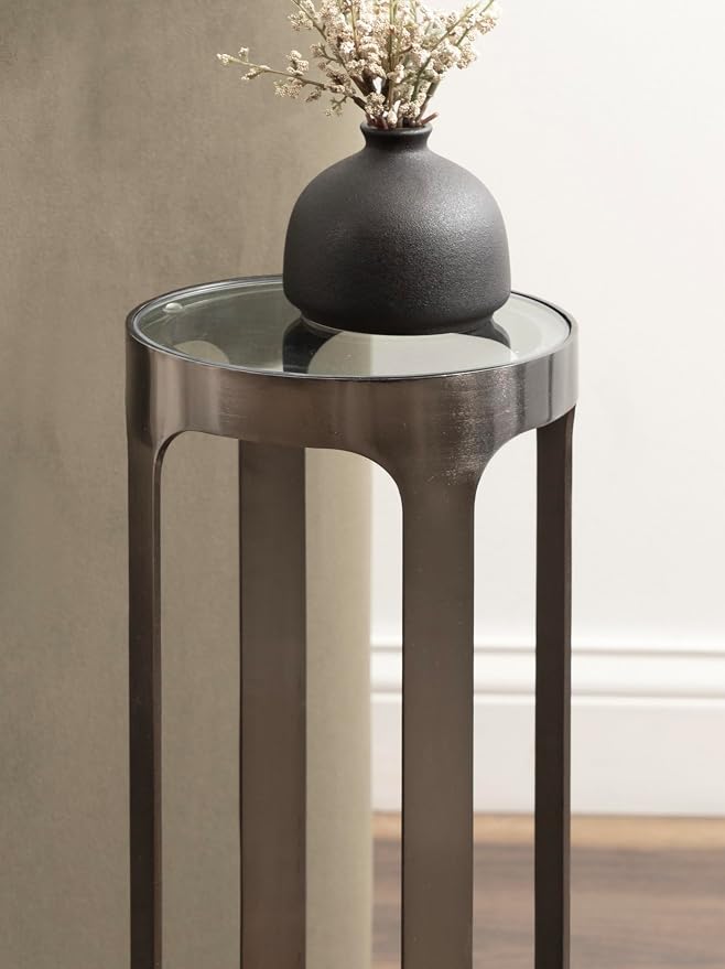 Kate and Laurel Dahl Modern Round Glass Top Outdoor Drink Table; 8 x 8 x 23; Clear Glass and Gray Gunmetal; Circle Pedestal Patio Mini Table for Living Room Plant Stand or Small Bedroom Nightstand