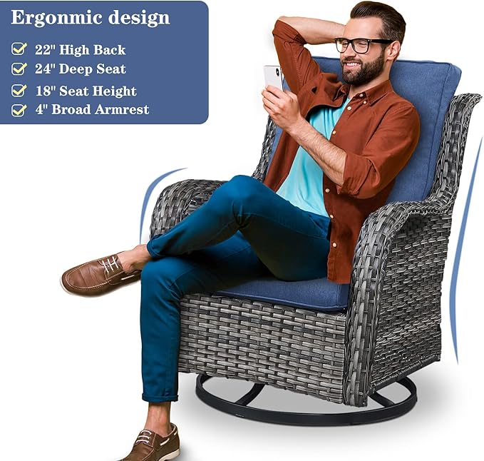Belord Patio Furniture Set 6 Seats, Outdoor Swivel Rocker Patio Chairs, Oversized Outdoor Sectional Couch, Two 3-Seater Sofas with Coffee Table, Ideal for Porch, Deck, Gray Wicker/Blue